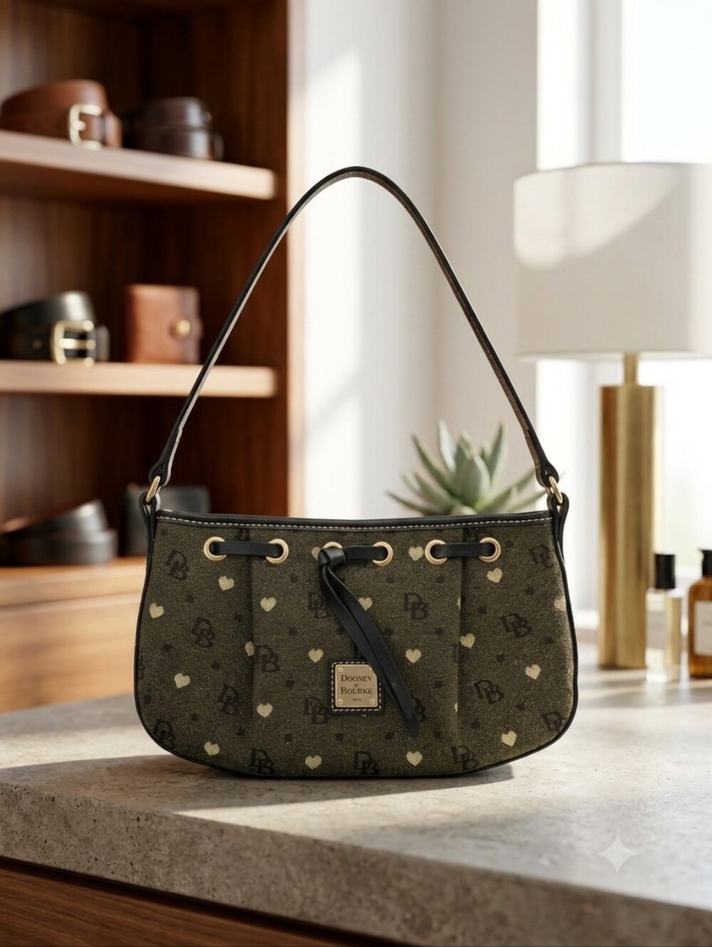 Dooney & Bourke Heart-Print Shoulder Bag with Black Trim